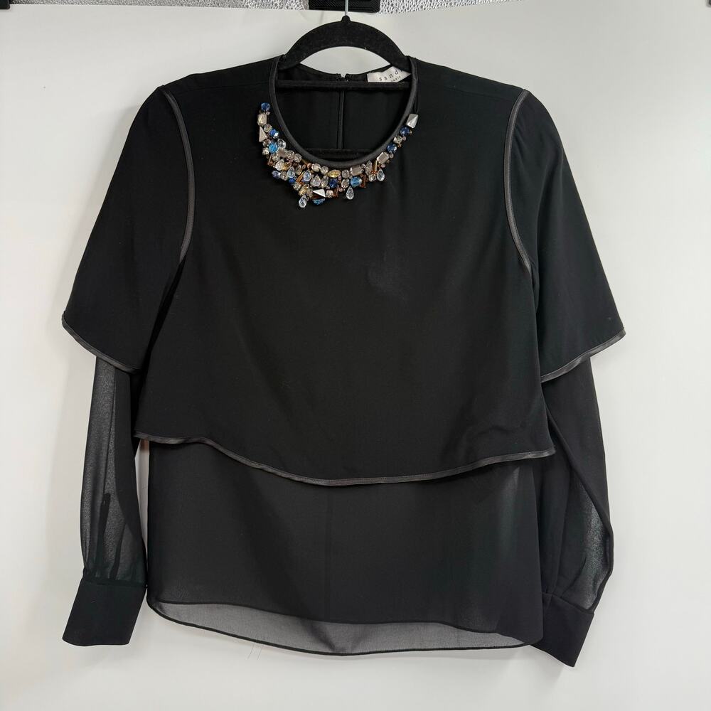 Sandro Paris Blouse Top Womens 2 Black Long Sleeve Embellished Gem Round Neck